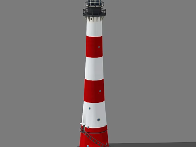 Red And White Striped Lighthouse With Black Lantern Top And Metal Ladder 3d model