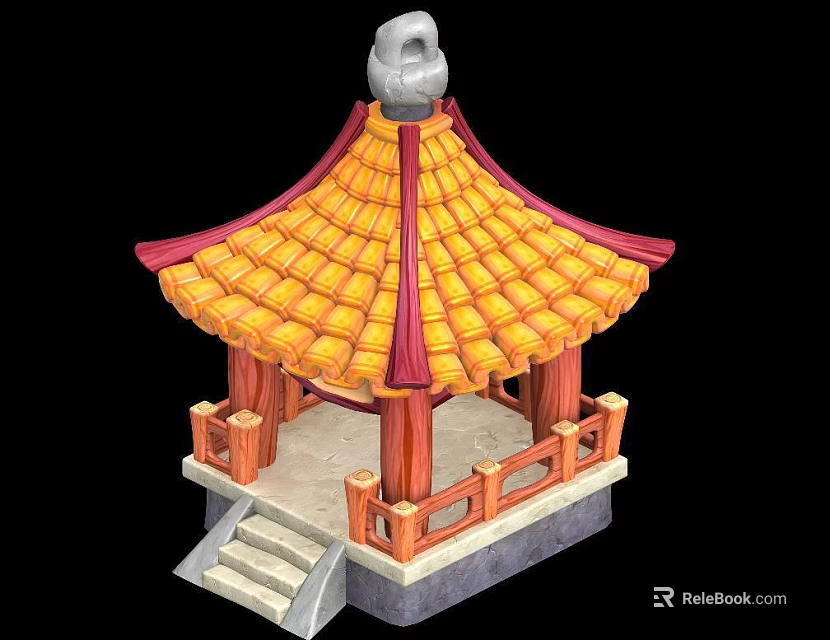 Traditional Chinese Style Pavilion Featuring Yellow Tiled Roof Red Decorations Wooden Structure And Steps 3d model 