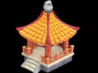 Traditional Chinese Style Pavilion Featuring Yellow Tiled Roof Red Decorations Wooden Structure And Steps 3d model