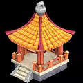 Traditional Chinese Style Pavilion Featuring Yellow Tiled Roof Red Decorations Wooden Structure And Steps