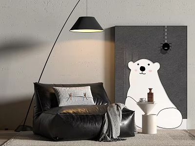 Black Leather Single Sofa with Decorative Cushion Arching Floor Lamp and Polar Bear Artwork 3d model