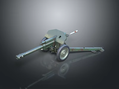 Vintage Green Military Towed Artillery With Long Barrel And Wheels Structure 3d model