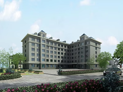 Modern Gray School Building Exterior With Multiple Windows And Green Landscaping 3d model