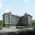 Modern Gray School Building Exterior With Multiple Windows And Green Landscaping