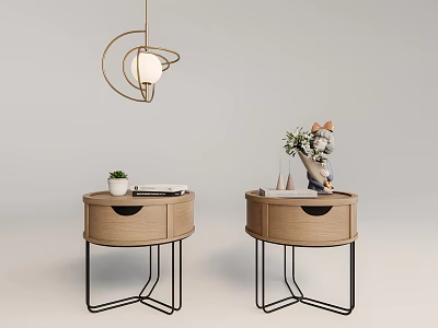 Modern Wooden Nightstands With Black Metal Legs Decorative Plant Books And Vase 3d model