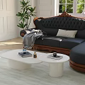 Black Carved Sofa With Wooden Accents And White Round Coffee Table Set With Green Plants