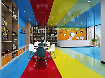 Colorful Kindergarten Classroom with White Tables Chairs Bookshelves and Playful Toys 3d model