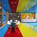 Colorful Kindergarten Classroom with White Tables Chairs Bookshelves and Playful Toys