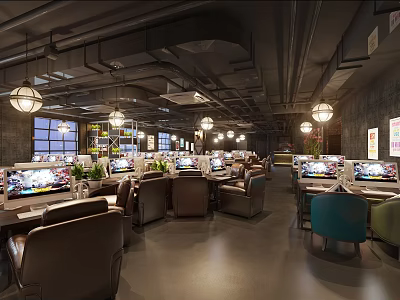 Modern Internet Cafe Interior With Computers Tables Chairs Pendant Lights And Green Plants 3d model