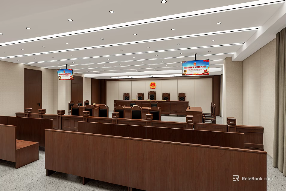 Spacious Conference Room With Brown Wooden Tables Chairs Main Platform Emblem And Hanging Screens 3d model 