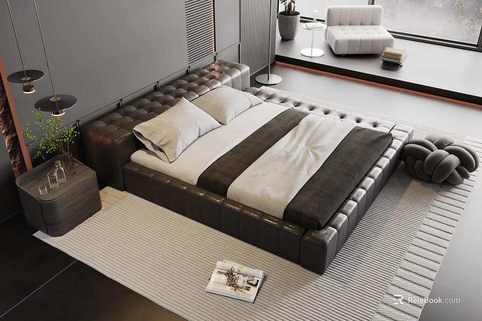 Modern Leather Double Bed With Tufted Headboard Nightstand Green Plant And Area Rug 3d model 