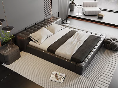 Modern Leather Double Bed With Tufted Headboard Nightstand Green Plant And Area Rug 3d model