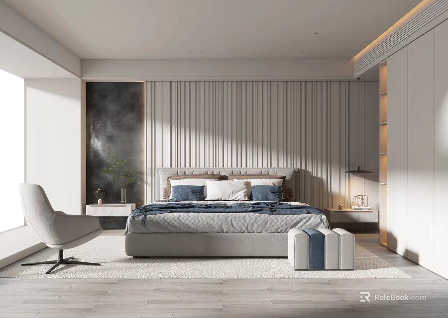 Modern Minimalist Bedroom Interior With Vertical Striped Wall Accent Chair And Blue White Pillows 3d model 