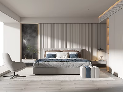 Modern Minimalist Bedroom Interior With Vertical Striped Wall Accent Chair And Blue White Pillows 3d model