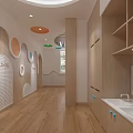 Kindergarten Corridor With Wooden Flooring Colorful Circular Decorations Arched Doorways White Lattice Storage Cabinets Washbasin