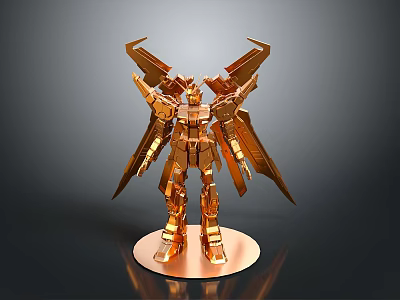 Golden Robot Character Model With Mechanical Wings On Pedestal Base And Intricate Design 3d model
