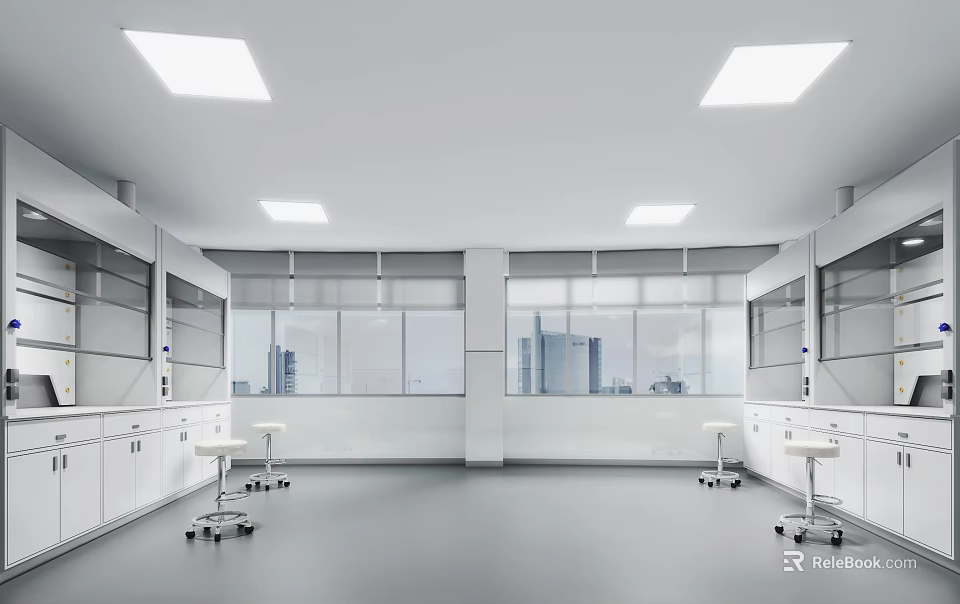 Modern Spacious Laboratory Interior Design With White Lab Benches Rolling Chairs And Windows 3d model 