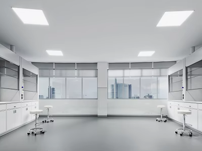 Modern Spacious Laboratory Interior Design With White Lab Benches Rolling Chairs And Windows 3d model