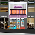 Stylish Storefront Featuring Purple Awning Red Sign White Icons Glass Doors and Outdoor Seating