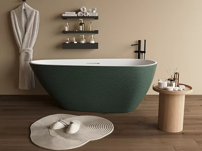 Green Textured Bathtub On Wooden Floor With Side Table Toiletries And Wall Shelves 3d model