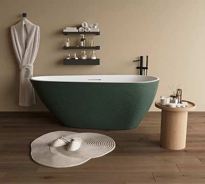 Green Textured Bathtub On Wooden Floor With Side Table Toiletries And Wall Shelves 3d model