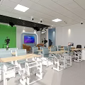 School Modern Classroom With Green Accent Wall White Desks Digital Screen And Large Windows