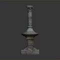 Landscape View of Ancient Bronze Column With Square Base Carvings and Gray Black Gradient Background