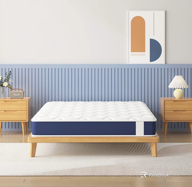 Double Bed With White Blue Mattress Wooden Frame Bedside Tables Blue Striped Wall Abstract Painting 3d model 