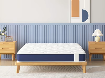 Double Bed With White Blue Mattress Wooden Frame Bedside Tables Blue Striped Wall Abstract Painting 3d model