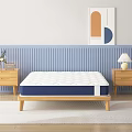 Double Bed With White Blue Mattress Wooden Frame Bedside Tables Blue Striped Wall Abstract Painting