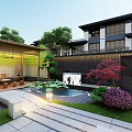 Courtyard Garden Design With Stone Patio Lily Pond Greenery Seating Area And Modern Architecture