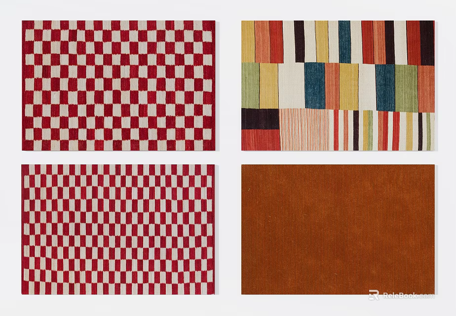 Various Square Rugs Featuring Checkerboard Multicolored Striped And Solid Patterns 3d model