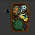 Wooden Tray Setup With Green Teapot Small Bowls Bread Lemon Slices And Sugar Cubes