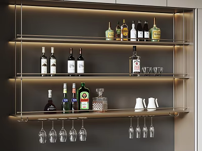 Modern Multi Tiered Wine Rack With Wine Bottles And Hanging Glassware 3d model