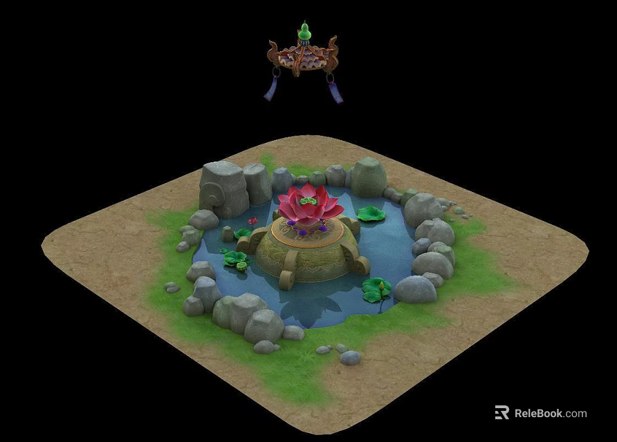 Lotus Water Fountain with Stone Surroundings Sandy Ground Green Grass Lily Pads and Hanging Ornament 3d model 