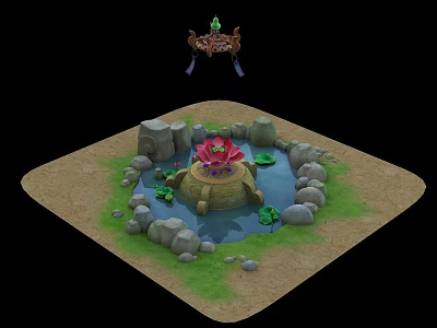 Lotus Water Fountain with Stone Surroundings Sandy Ground Green Grass Lily Pads and Hanging Ornament 3d model