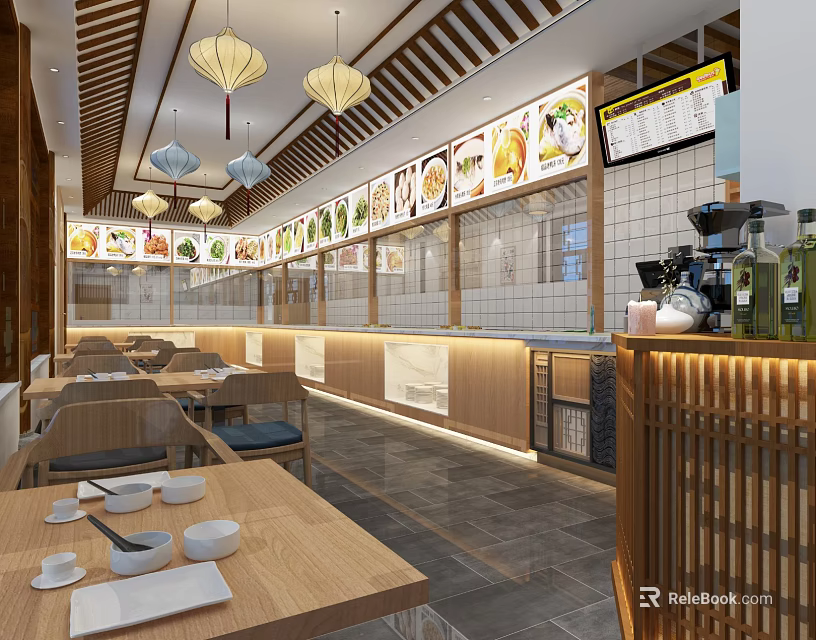 Asian Style Restaurant Interior With Wooden Elements Lanterns Menu Display And Dining Tables 3d model