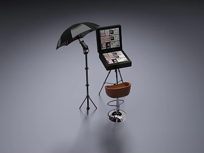Black Umbrella Light Setup With Control Panel And Brown Bar Stool 3d model