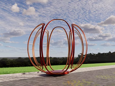 Outdoor Sculptural Art Installation With Red Orange Circular Rings Against Blue Sky 3d model