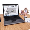 Wooden Desk With Laptop Pepsi Can Anime Figure Drawing Paper And Pen