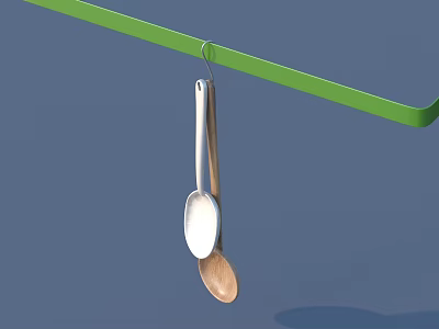 Hanging Kitchen Utensils With Silver And Wooden Spoons On Green Bar 3d model