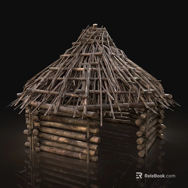 Primitive Wooden Hut Structure With Log Walls And Twig Roof Design Elements 3d model 