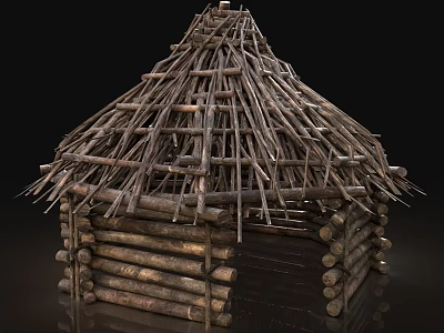 Primitive Wooden Hut Structure With Log Walls And Twig Roof Design Elements 3d model