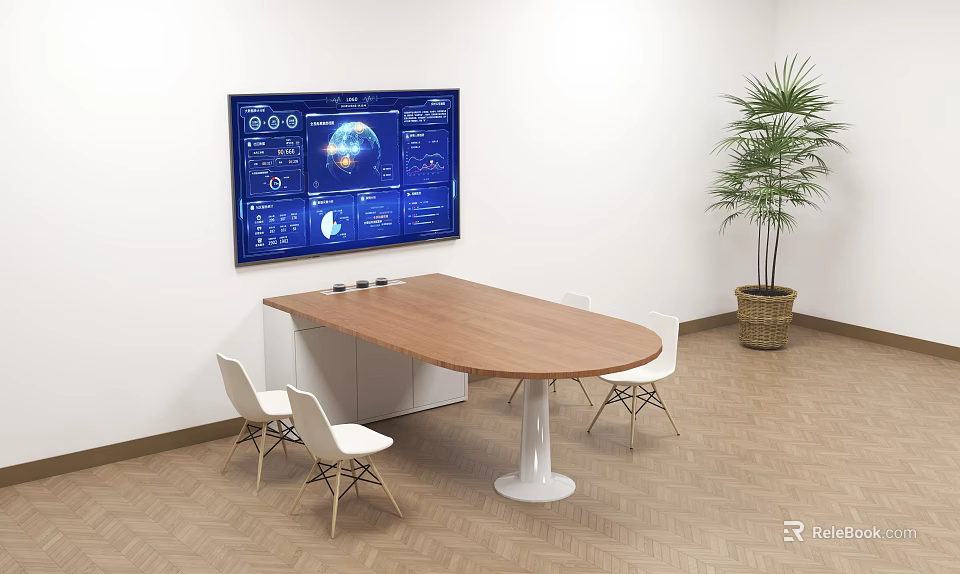 Modern Conference Room With Wooden Table White Chairs Large Screen And Green Plant 3d model 