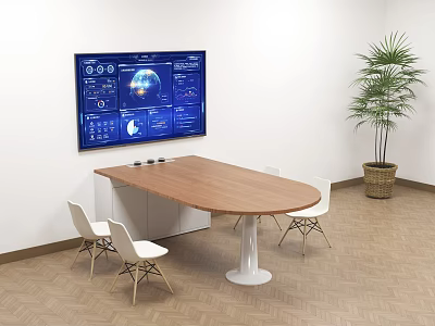 Modern Conference Room With Wooden Table White Chairs Large Screen And Green Plant 3d model