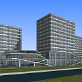Modern Office Buildings With Green Landscape Grass And Geometric Design Elements 3d model