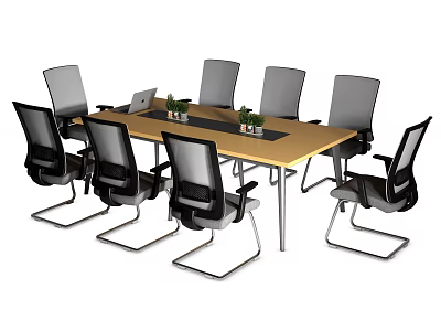 Modern Office Conference Table With Wooden Top Eight Ergonomic Chairs Laptop Computers And Green Plants 3d model