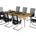 Modern Office Conference Table With Wooden Top Eight Ergonomic Chairs Laptop Computers And Green Plants