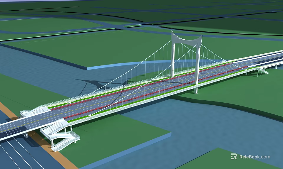 Modern Cable Stayed Bridge Design Over River With Road Lanes And Walkway 3d model 