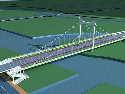 Modern Cable Stayed Bridge Design Over River With Road Lanes And Walkway 3d model